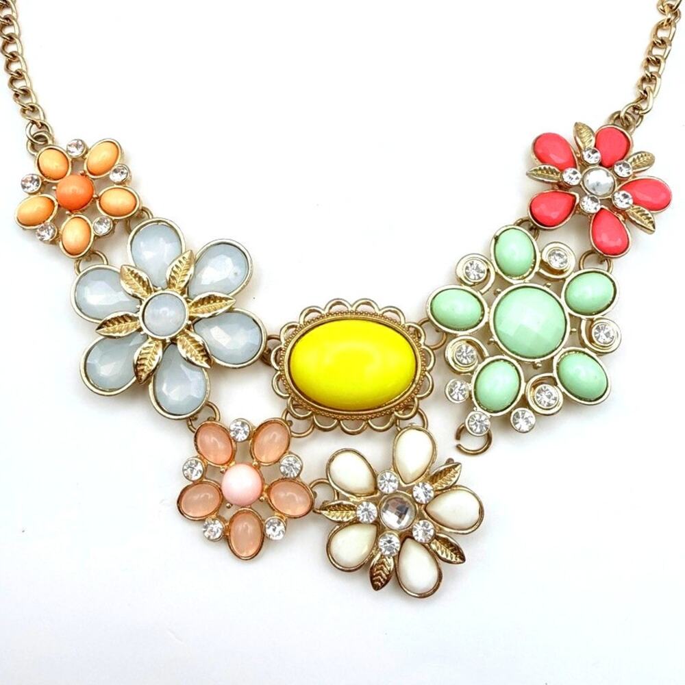 Floral Statement Bib Necklace Spring Multi Color Rhinestone Yellow Pink Lt Blue